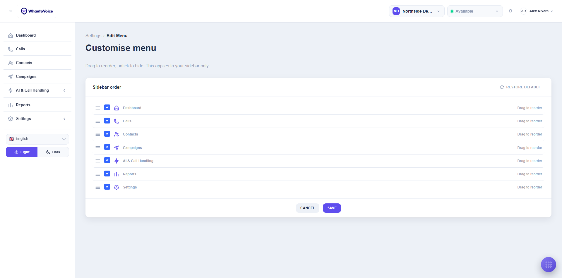 Customise Menu