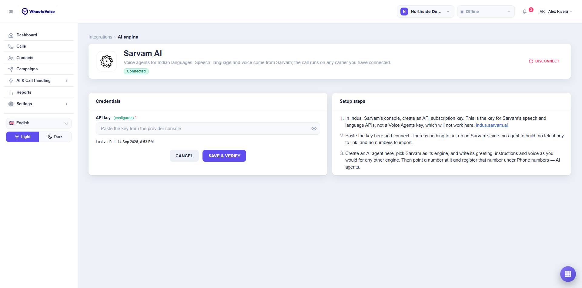 Sarvam AI Engine Page